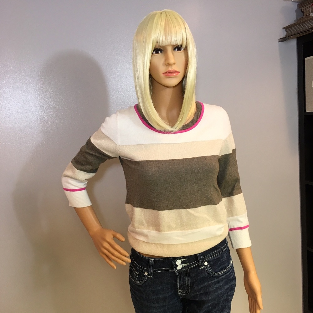 Banana Republic Beige Striped 3/4 Sleeve Sweater